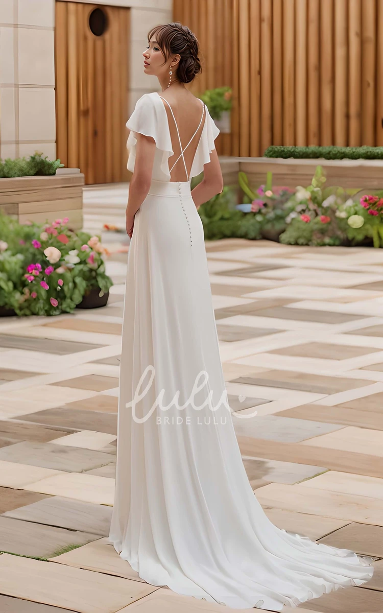 Simple Elegant A-Line Short Butterfly Sleeve Wedding Dress Modern Garden Flowy Scoop Neckline Court Train Bridal Gown with Criss Cross Back