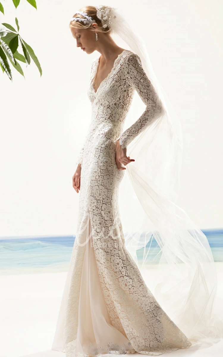 Long Sleeve Lace V-neck Wedding Dress Vintage Mermaid Wedding Dress