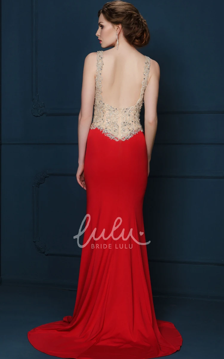 Beaded V-Neck Sleeveless Jersey Evening Dress Sheath Style