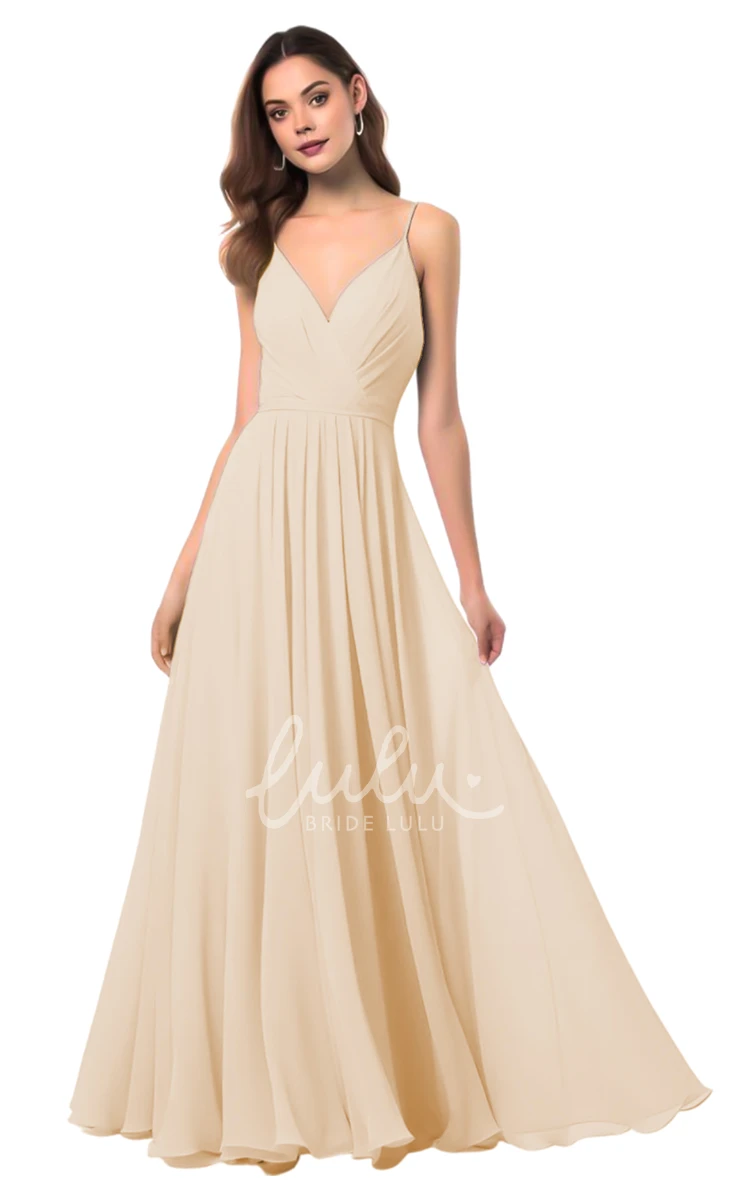 Elegant V-neck A-Line Chiffon Bridesmaid Dress Classy Wedding Dress with Spaghetti Straps