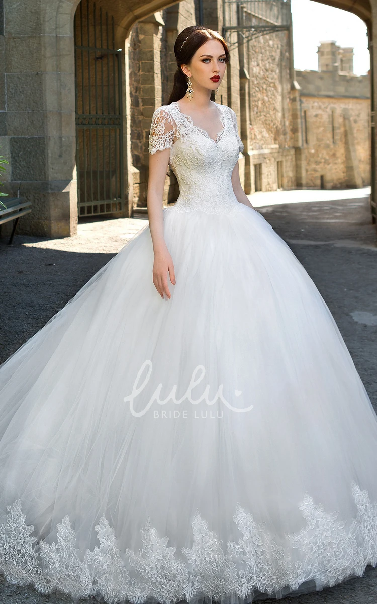 V-Neck Tulle Wedding Dress with Cap-Sleeves and Appliques