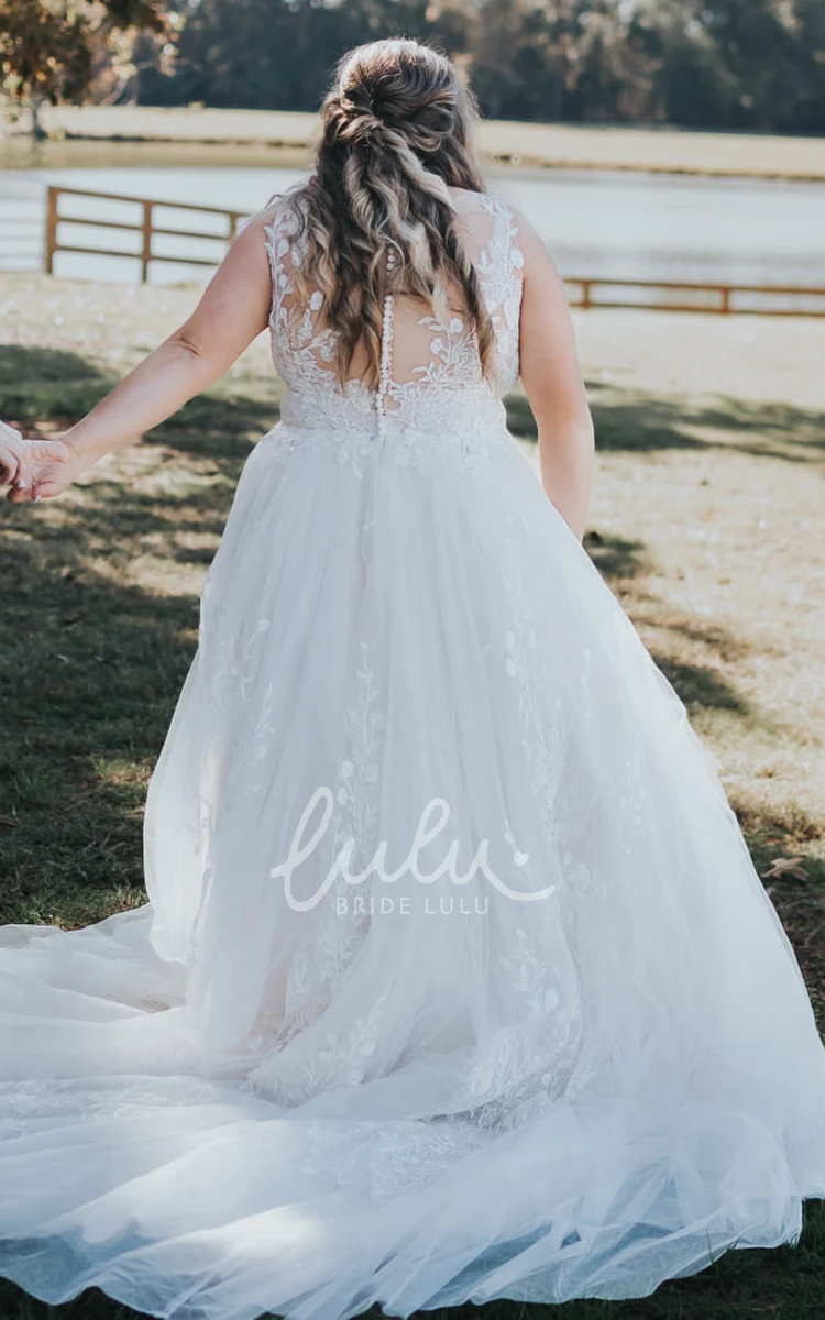 Sexy V-neck Lace Tulle Wedding Dress with Button and Appliques Women's Bridal Gown
