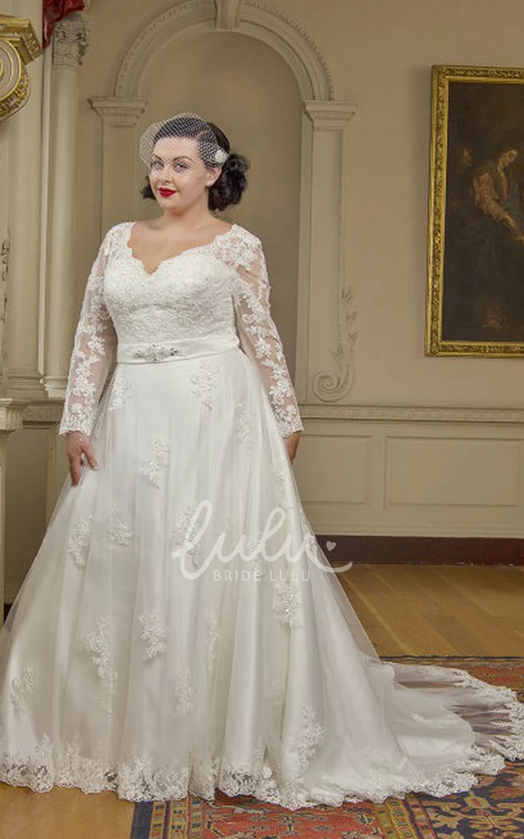 Lace Long Sleeve Wedding Dress with Crystal Satin Sash and Lace-Up