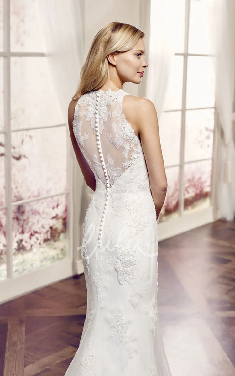 Appliqued Lace Wedding Dress with Illusion and Court Train Maxi Straps