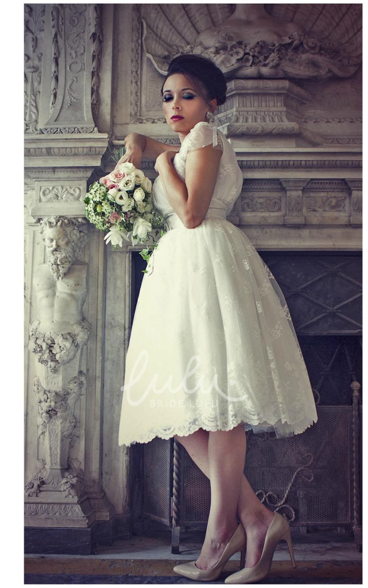 Knee-Length Lace Wedding Dress with Cap Sleeves and Jewel Empire Waist