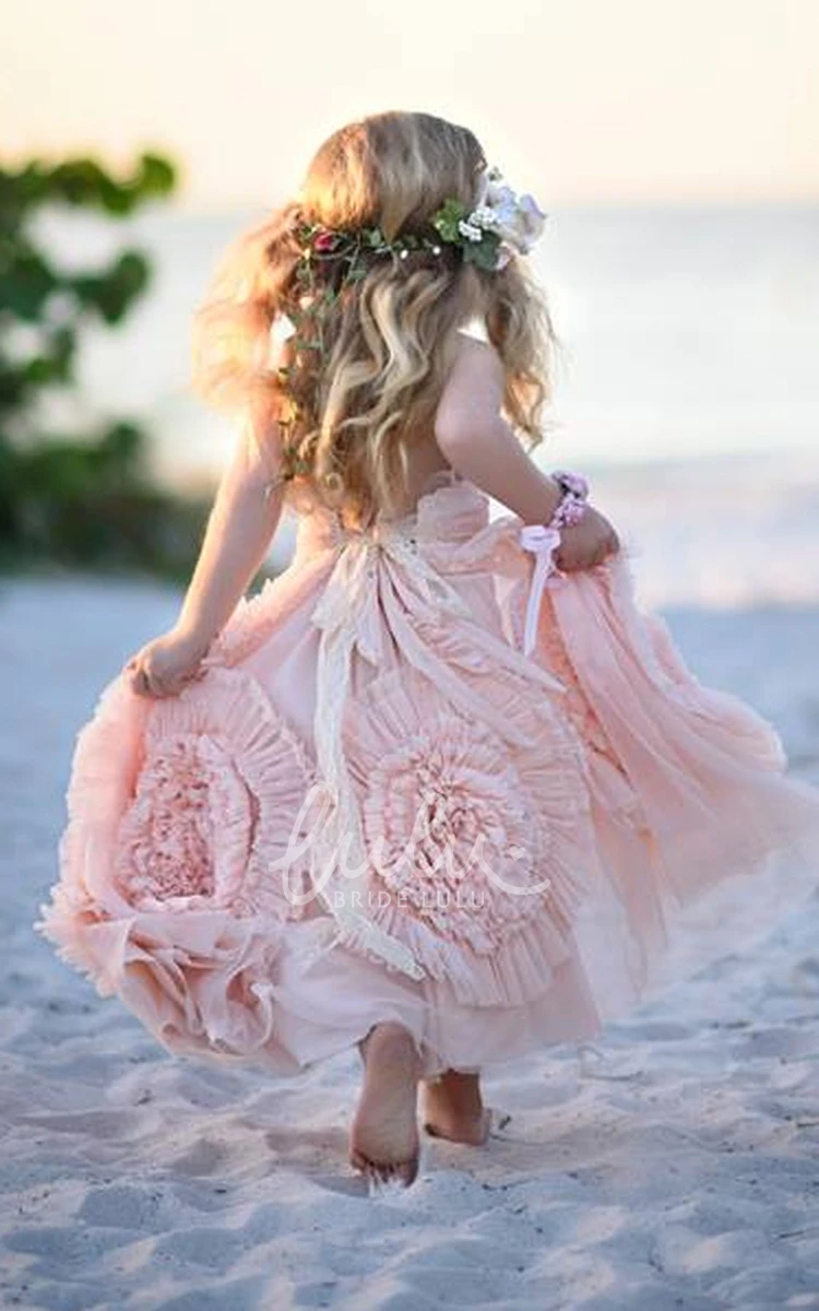 Spaghetti Ball Gown Flower Girl Dress Handmade Flowers Floor Length