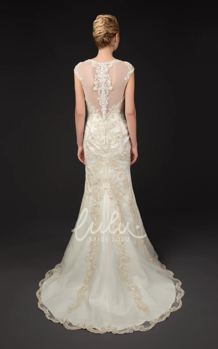 Cap Sleeve Appliqued Tulle Wedding Dress Square Neck Brush Train Bridal Gown