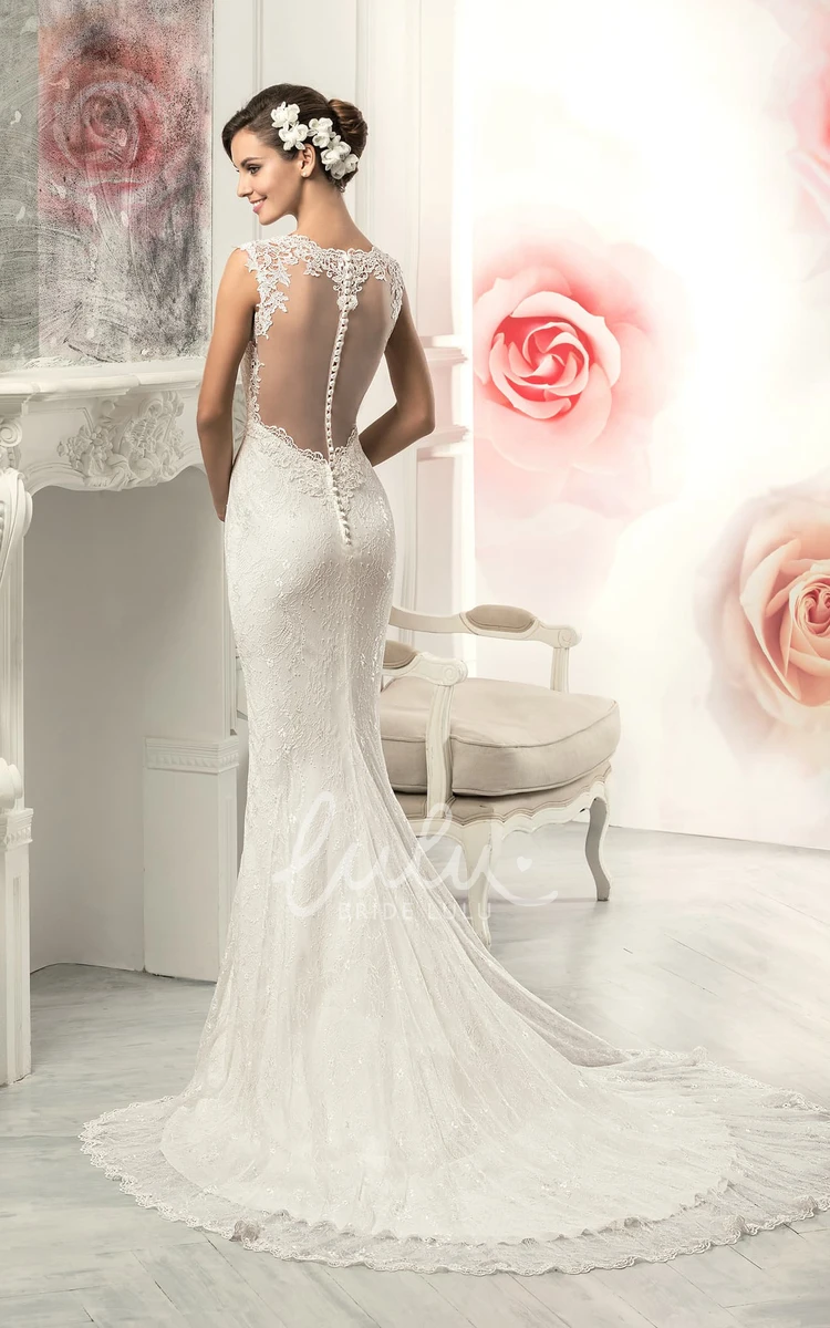 Jewel Neckline Lace Mermaid Wedding Dress with Appliques Pleats and Sleeveless Design