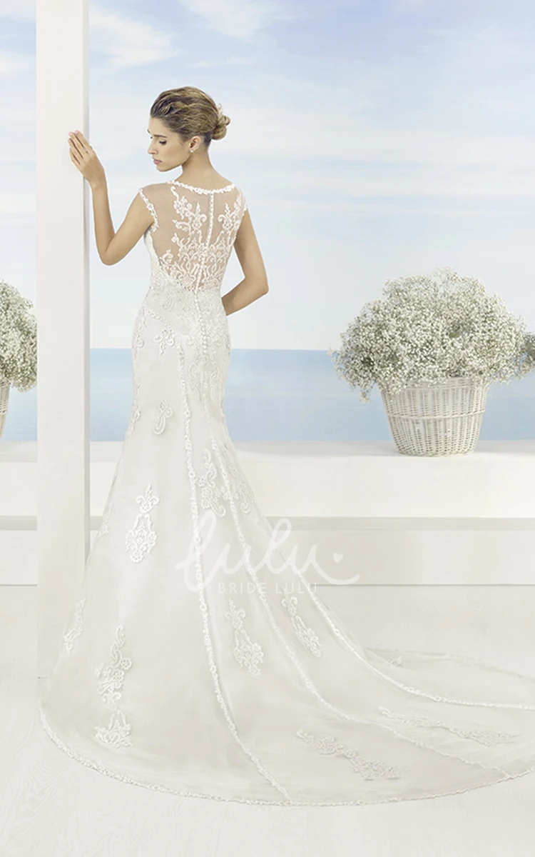 Sheath Cap-Sleeve Bateau Wedding Dress with Appliques and Court Train