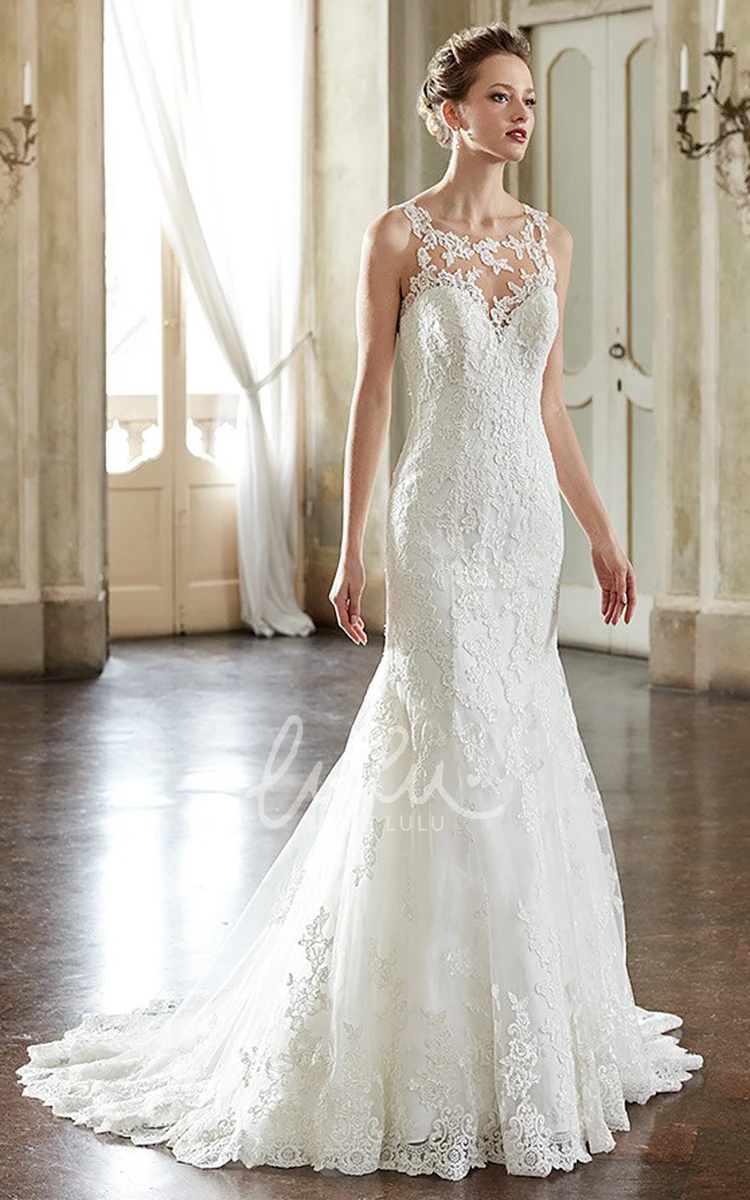 Floor-Length Lace Sheath Wedding Dress with Scoop-Neck and Applique