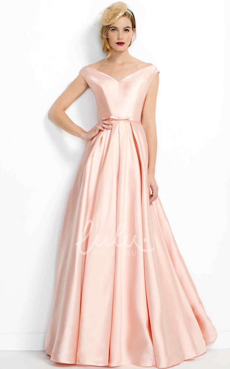 V-Neck A-Line Satin Prom Dress Pleated Floor-Length