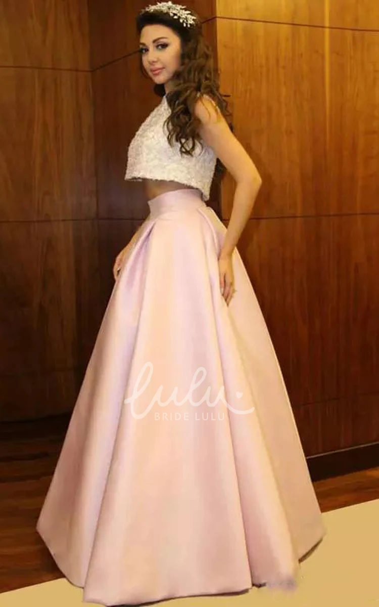 Pleated Two Piece Satin Prom Dress Sleeveless High Neck Floor-length with Sequins