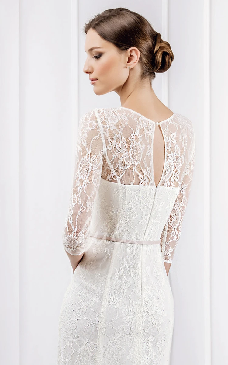 Lace 3-4 Sleeve Wedding Dress with Brush Train Unique Wedding Dress