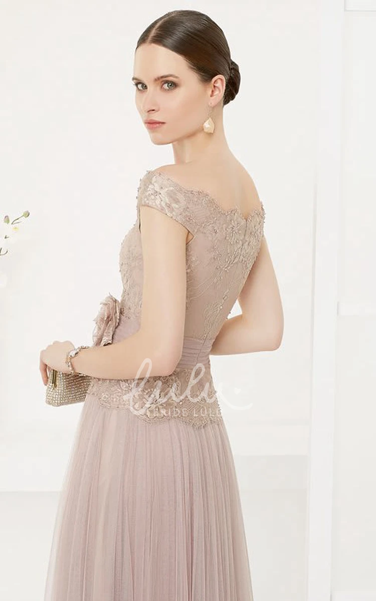 Lace Off-Shoulder A-Line Tulle Dress with Flower Sash