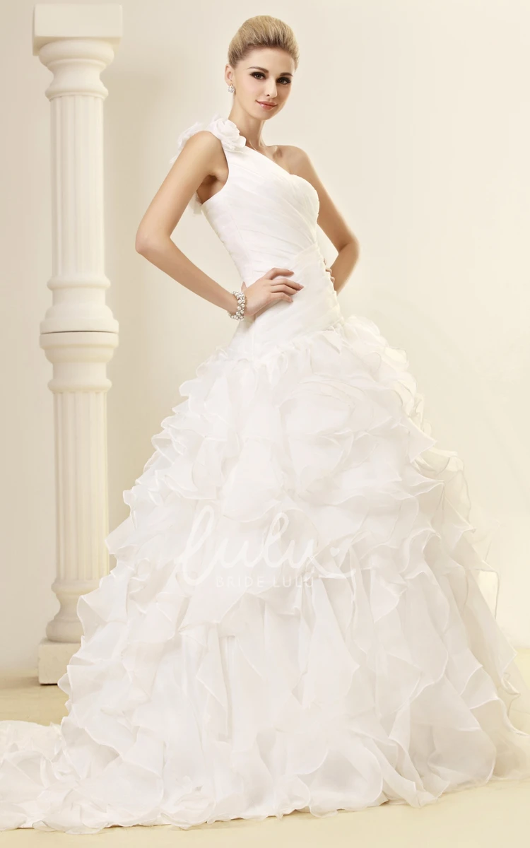 One-Shoulder A-Line Organza Wedding Dress With Ruffles and Criss-Cross Detail