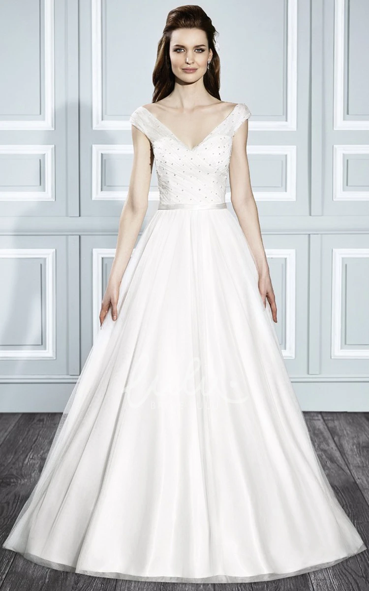 Cap Sleeve V-Neck Tulle Wedding Dress with Ruching A-Line Style
