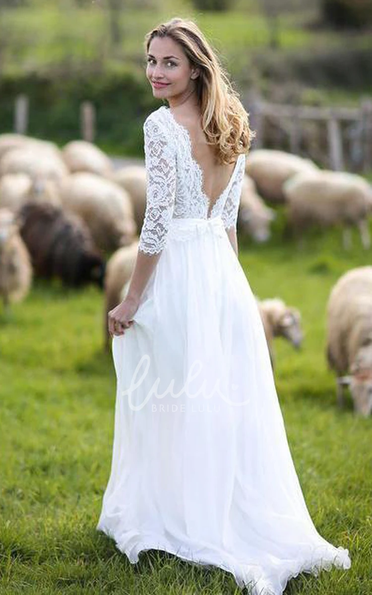 Bohemian Lace Chiffon A-Line Wedding Dress with V-Neck and Floor-Length