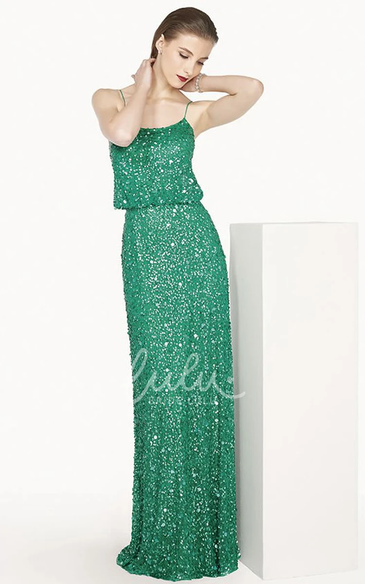 Spaghetti Strap Sequin Sheath Prom Dress with Scoop Neckline Long