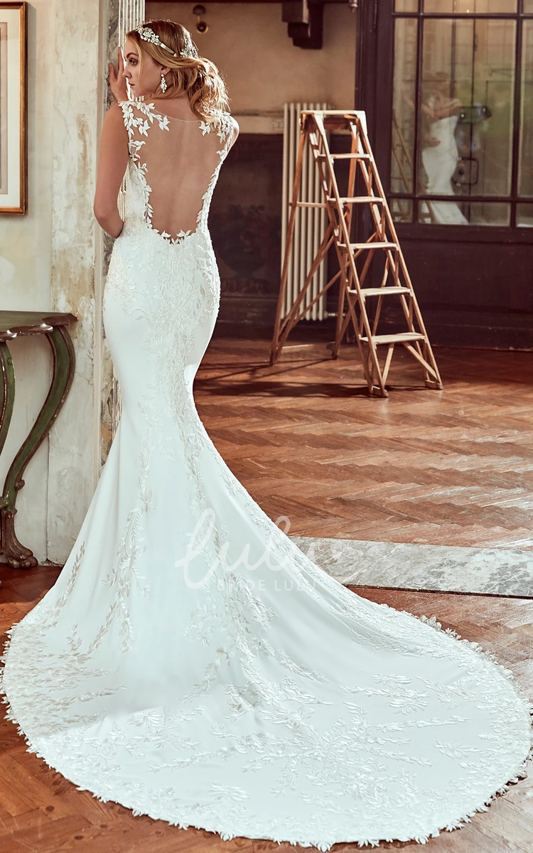 Mermaid Wedding Dress with Jewel-Neck Open-Back and Appliques