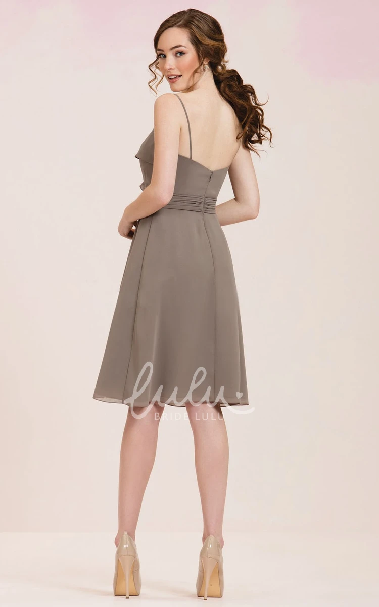 Knee-Length Sleeveless Bridesmaid Dress with Ruffles and Spaghetti Straps Flowy Beach Dress