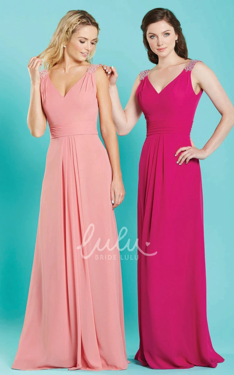 V-Neck Sleeveless Long Chiffon Bridesmaid Dress with Epaulet Sheath Style