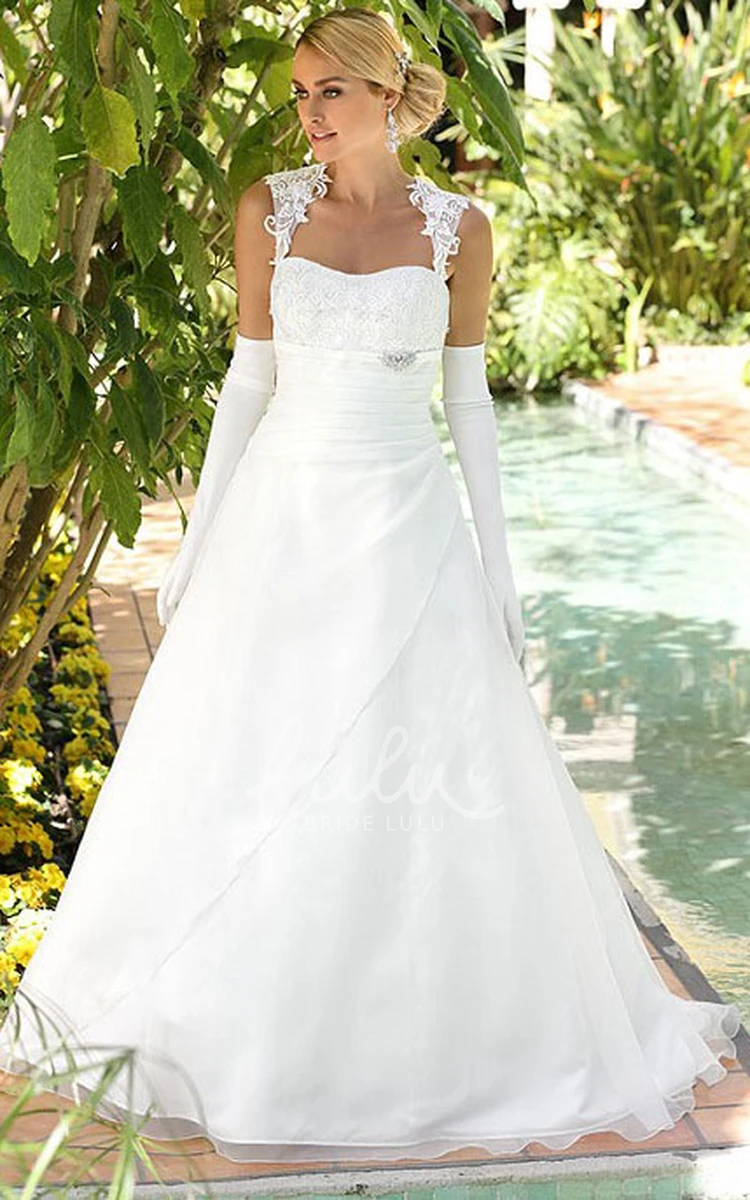 Queen Anne Appliqued Tulle&Satin Wedding Dress with Keyhole A-Line Floor-Length
