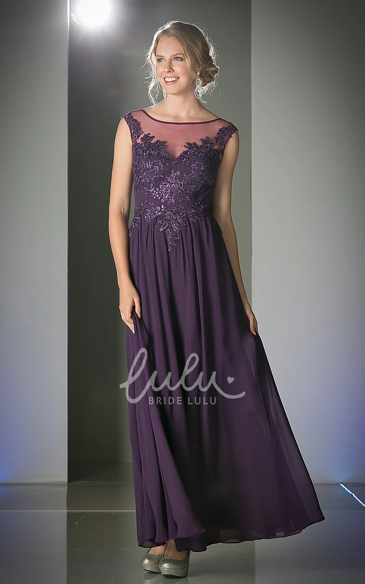 Scoop-Neck Sleeveless Sheath Dress with Appliques and Illusion in Chiffon Fabric