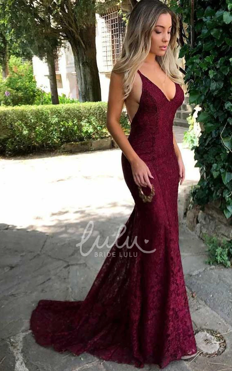 Lace V-Neck Sleeveless Mermaid Formal Dress with Sweep Train