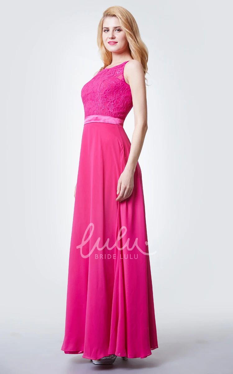 Chiffon Lace Jewel Neck Bridesmaid Dress with Long Sleeves