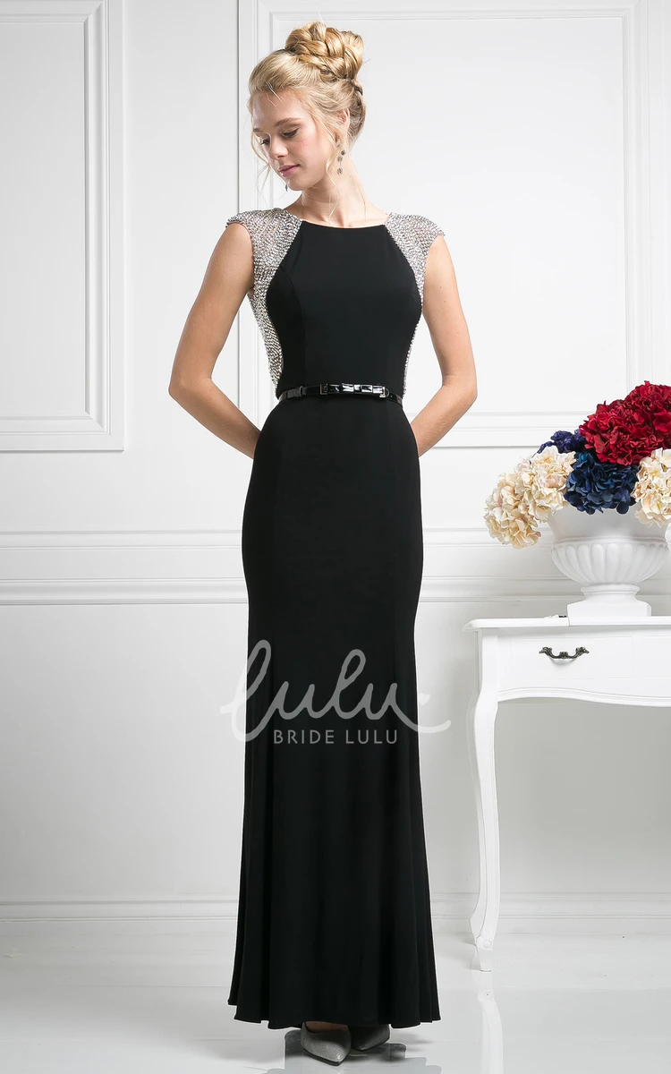 Floor-Length Scoop-Neck Cap-Sleeve Jersey Dress With Beading Sheath