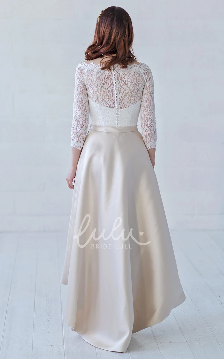 Off-the-shoulder High-low Lace and Satin Wedding Dress with Illusion Sleeves Classy Wedding Dress