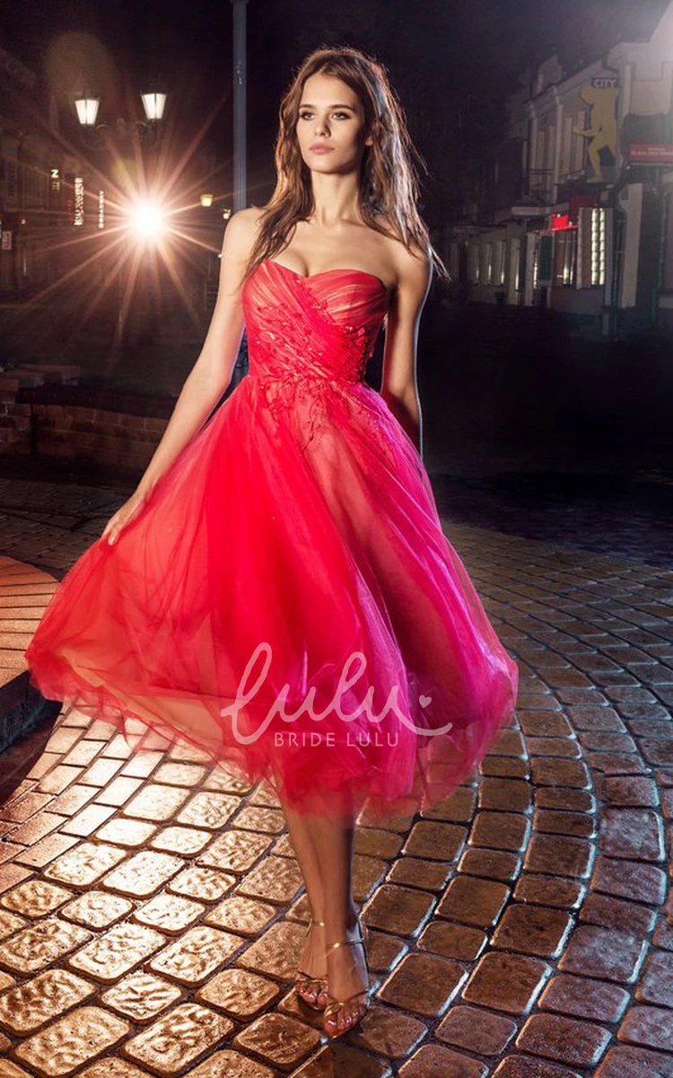 A-Line Knee-Length Strapless Tulle Bridesmaid Dress with Criss Cross and Flower Backless Women