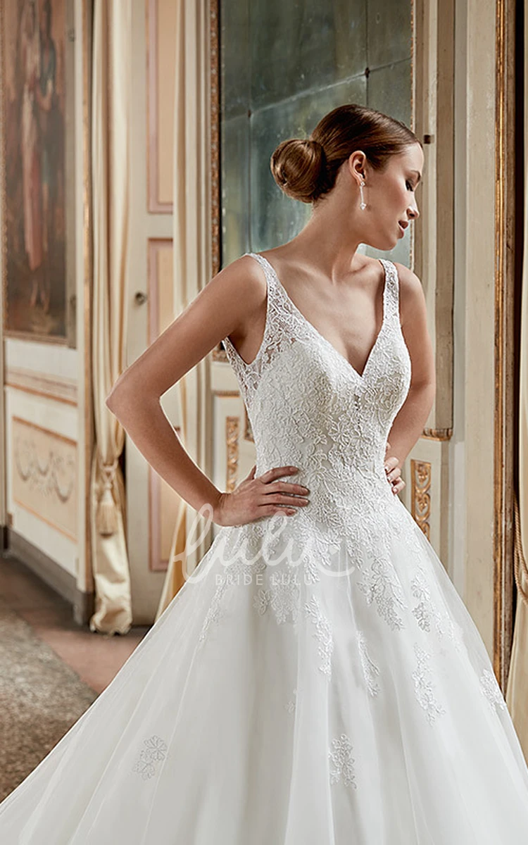 Floor-Length Ruffled V-Neck A-Line Tulle Wedding Dress