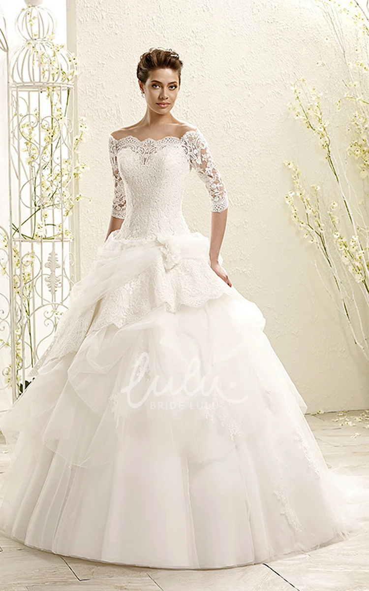 Off-The-Shoulder Ruffled Tulle Ball Gown Wedding Dress with Half-Sleeves