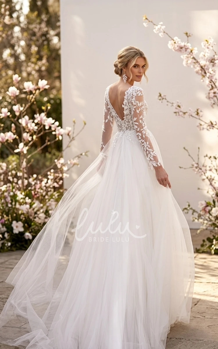 Modern Sexy A-Line Boho Sheer Long Sleeve Spring Wedding Dress Delicate Flowy V-Neck Backless Floor Length Bridal Gown with Appliques
