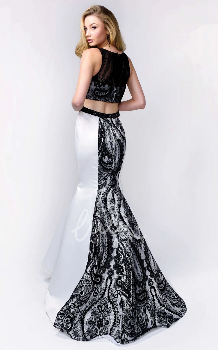 Satin Lace Mermaid Formal Dress with Scoop-Neck and Sweep Train