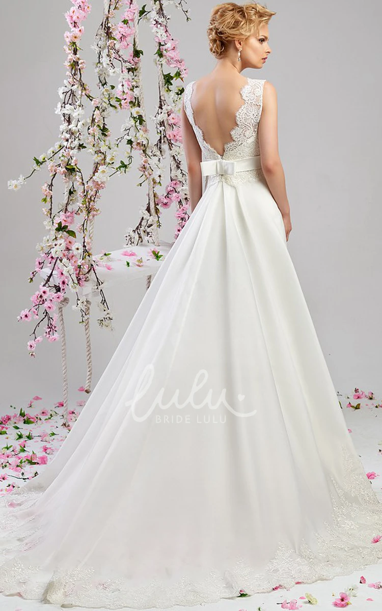 Satin Appliqued V-Neck Wedding Dress A-Line Style