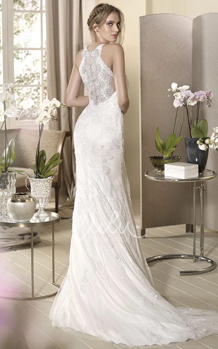 High-Neck Lace Appliqued Sleeveless Sheath Wedding Dress Classy Bridal Gown