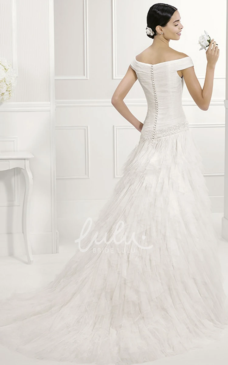 Drop Waist Off-Shoulder Wedding Dress with V-Neck and Tiered Tulle Skirt