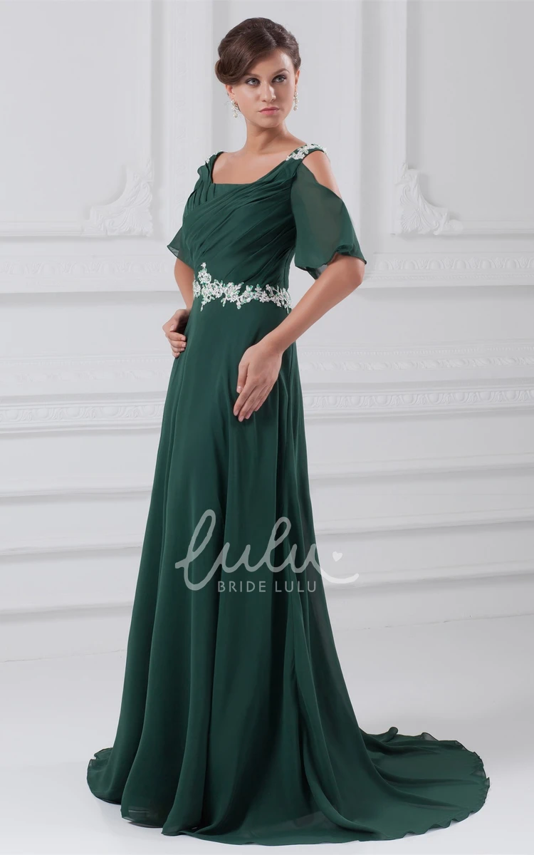 Square-Neck Maxi Chiffon Dress with Ruched Appliqued Waist Classy & Flowy