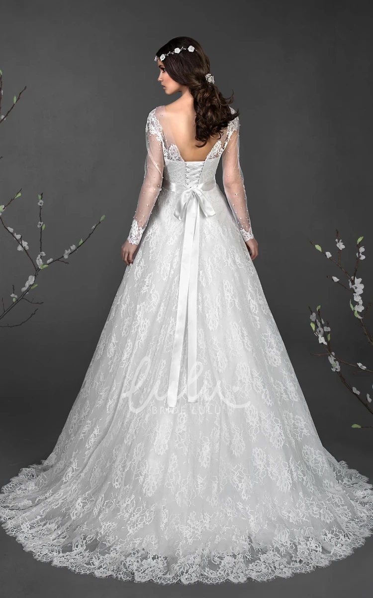 Long-Sleeve Lace A-Line Wedding Dress with Waist Jewelry