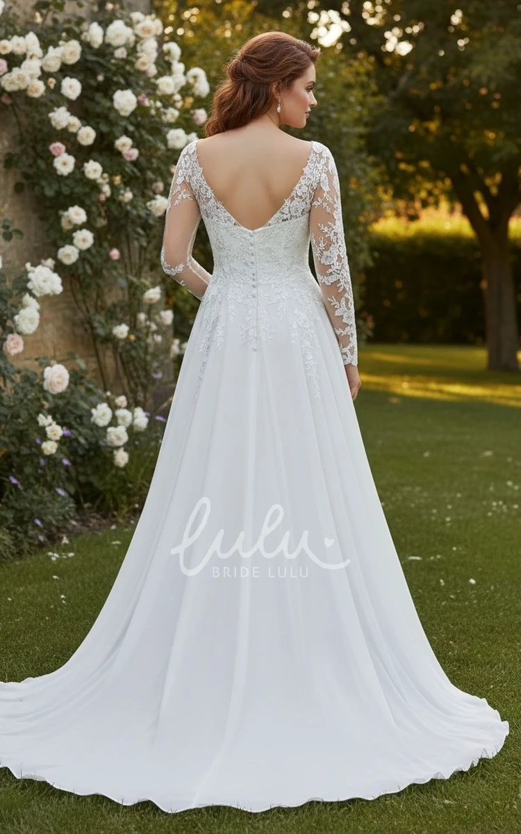 Plus Size A-Line Lace Wedding Dress Illusion Long Sleeves V-Neck Bridal Gown