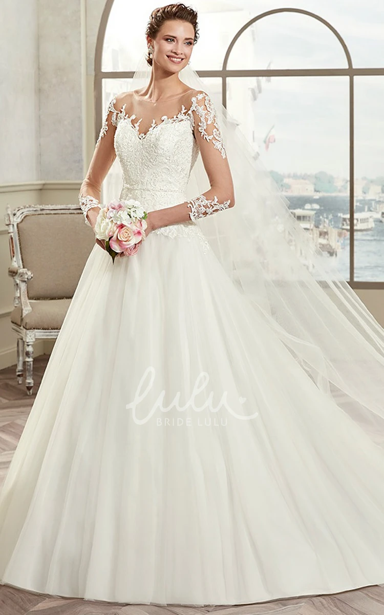 A-Line Wedding Dress with Illusive Design and Lace Appliques Sweetheart Style