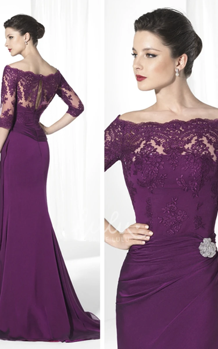 Off-The-Shoulder Chiffon Prom Dress with Appliques Broach and 3/4 Sleeves