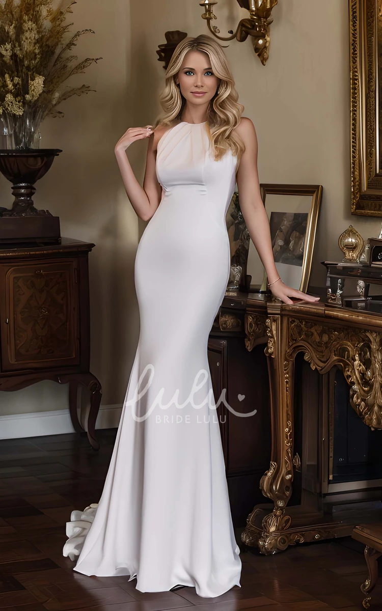 Sexy Sleeveless Mermaid Jewel Neck Simple Backless Floor-length Wedding Dress