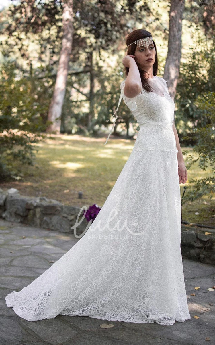 Illusion Back Lace Wedding Dress with Short Bell Sleeves and Sash Boho Bridal Gown