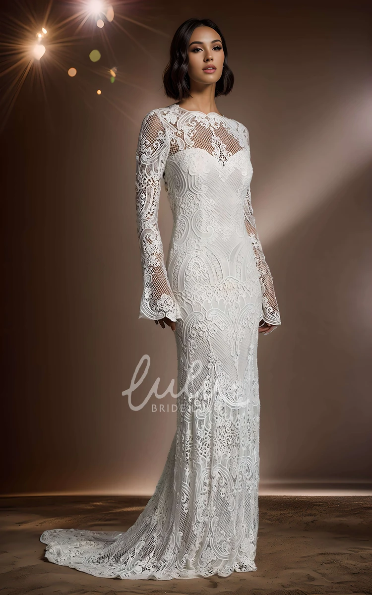 Romantic Bohemian Mermaid Jewel Neck Lace Floor-length Wedding Dress Vintage Elegant Long Bell Sleeve Backless Button Back Bridal Gown with Train