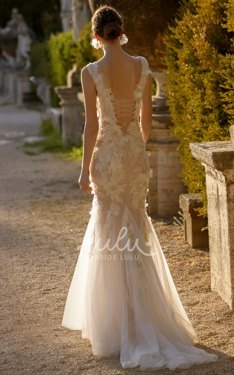 Elegant Plunging V-Leck Lace Strap Tulle Wedding Dress