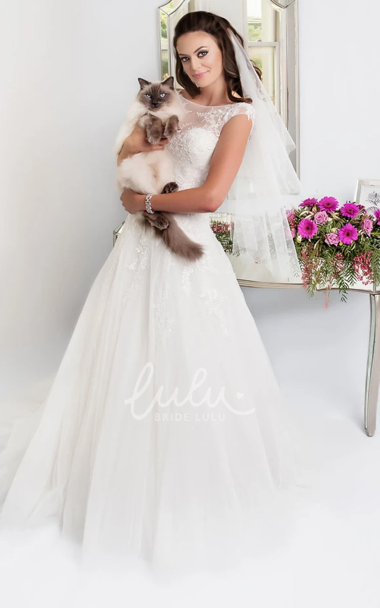 Tulle A-Line Wedding Dress with Court Train and Illusion Back Sleeveless Floor-Length Scoop Neck