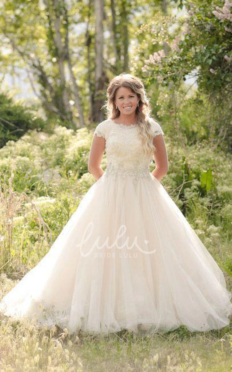 Jewel Lace Tulle Ball Gown Wedding Dress with Button Zipper